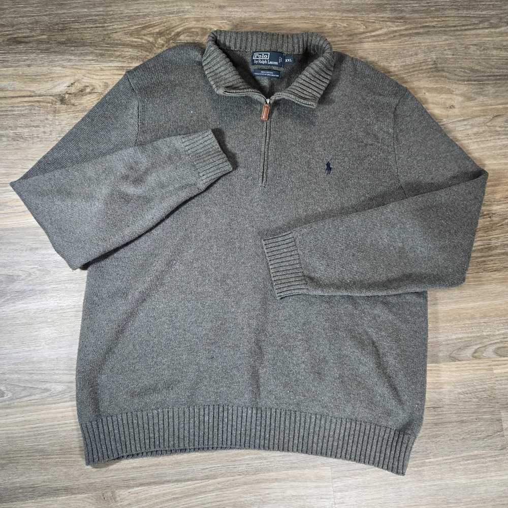 Vintage Y2K Polo Ralph Lauren Sweater Mens XXL Gray Cotton Knit 1/4 Zip Preppy